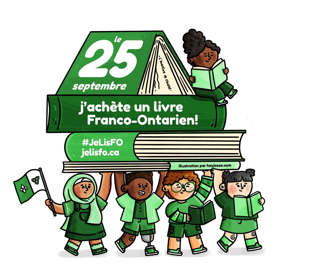 Des jeunes de diverses origines grandissent des livres et un drapeau franco-ontarien. Le 25 septembre, j'achète un livre franco-ontarien! #jelisFO 